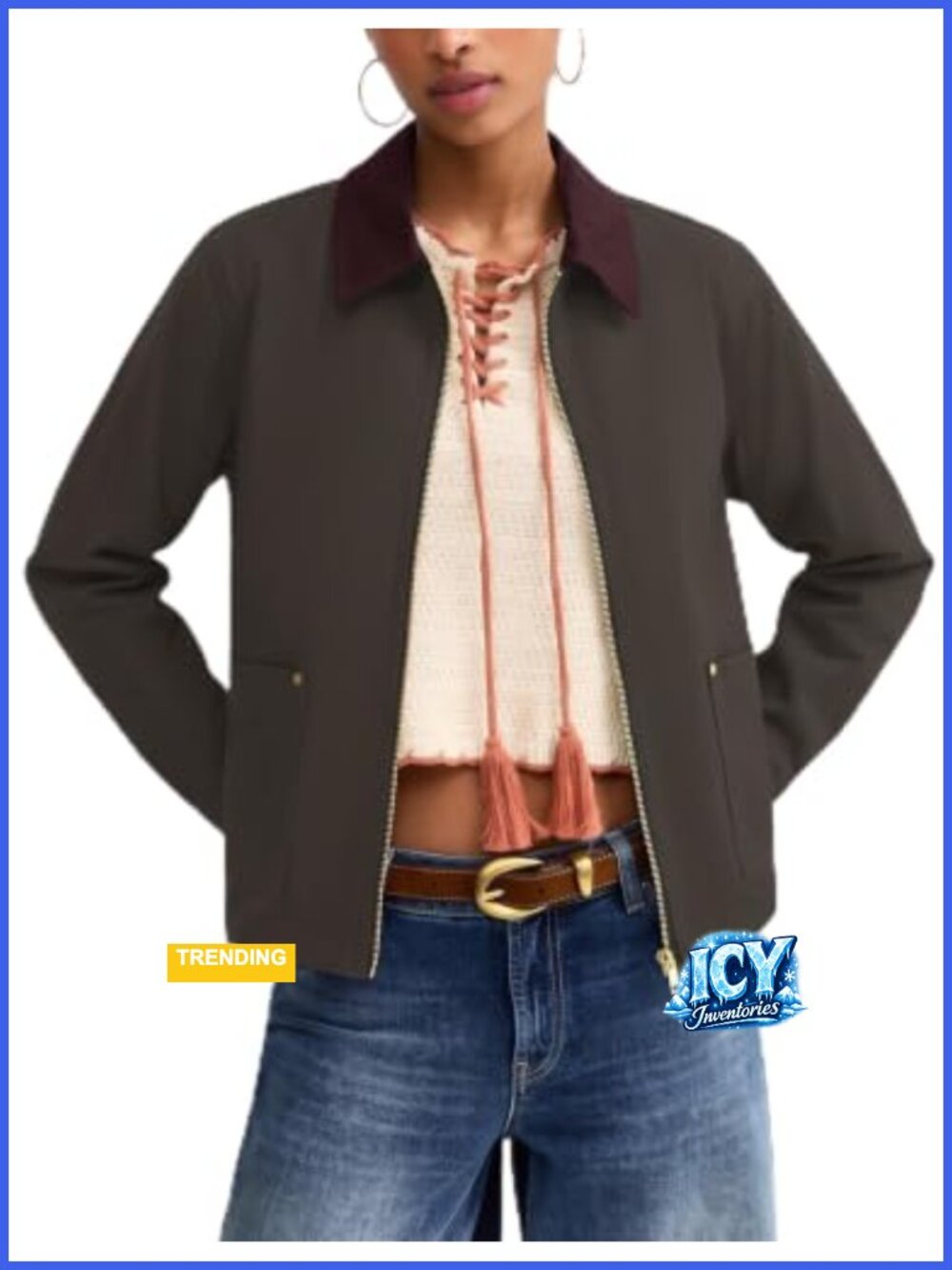 Womens Cropped Barn Jacket Zip Up Lightweight Coat with Pockets